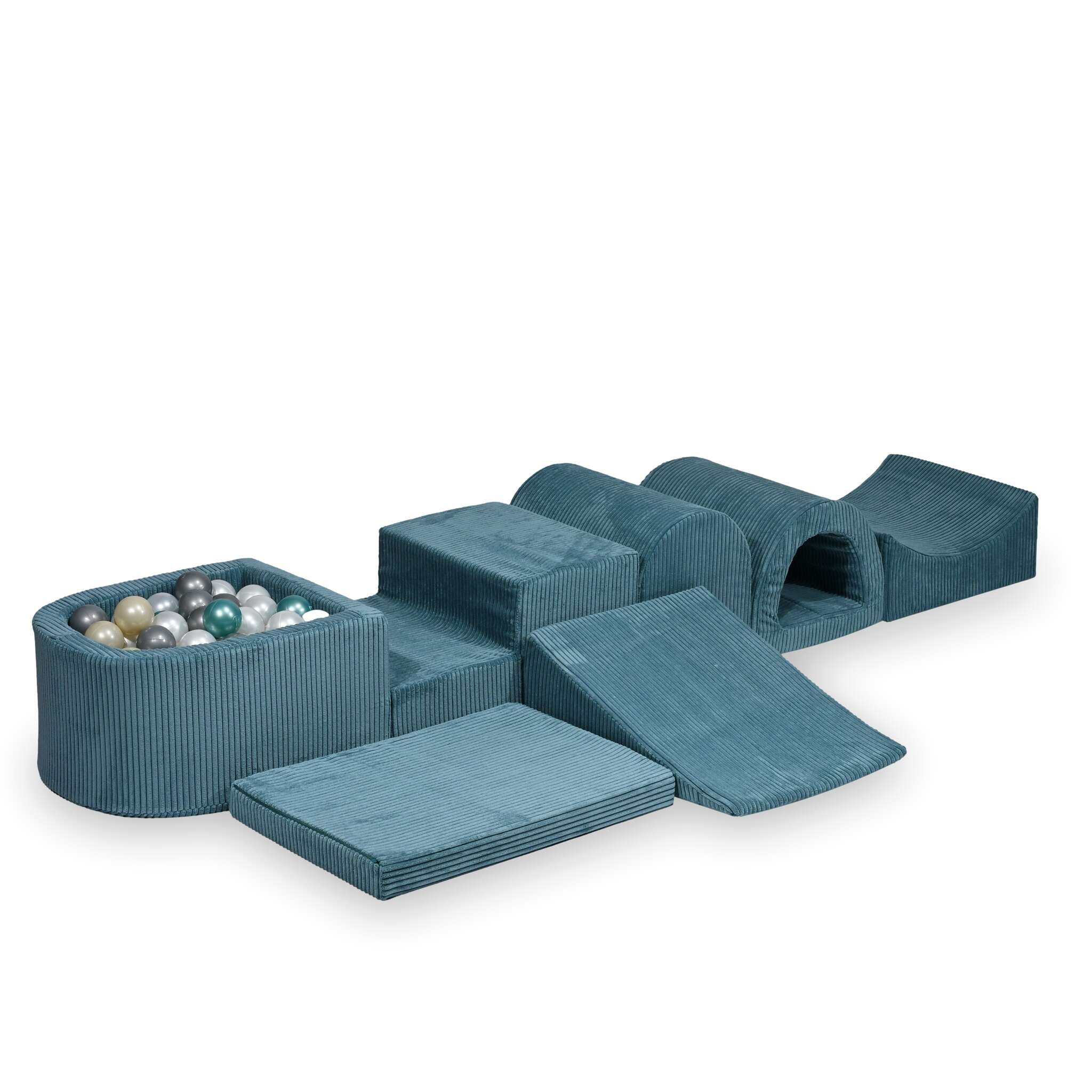 Mimii großes Schaumstoff-Spielset mit Mini-Bällebad aus Cord in Blau – mit 100 Bällen
