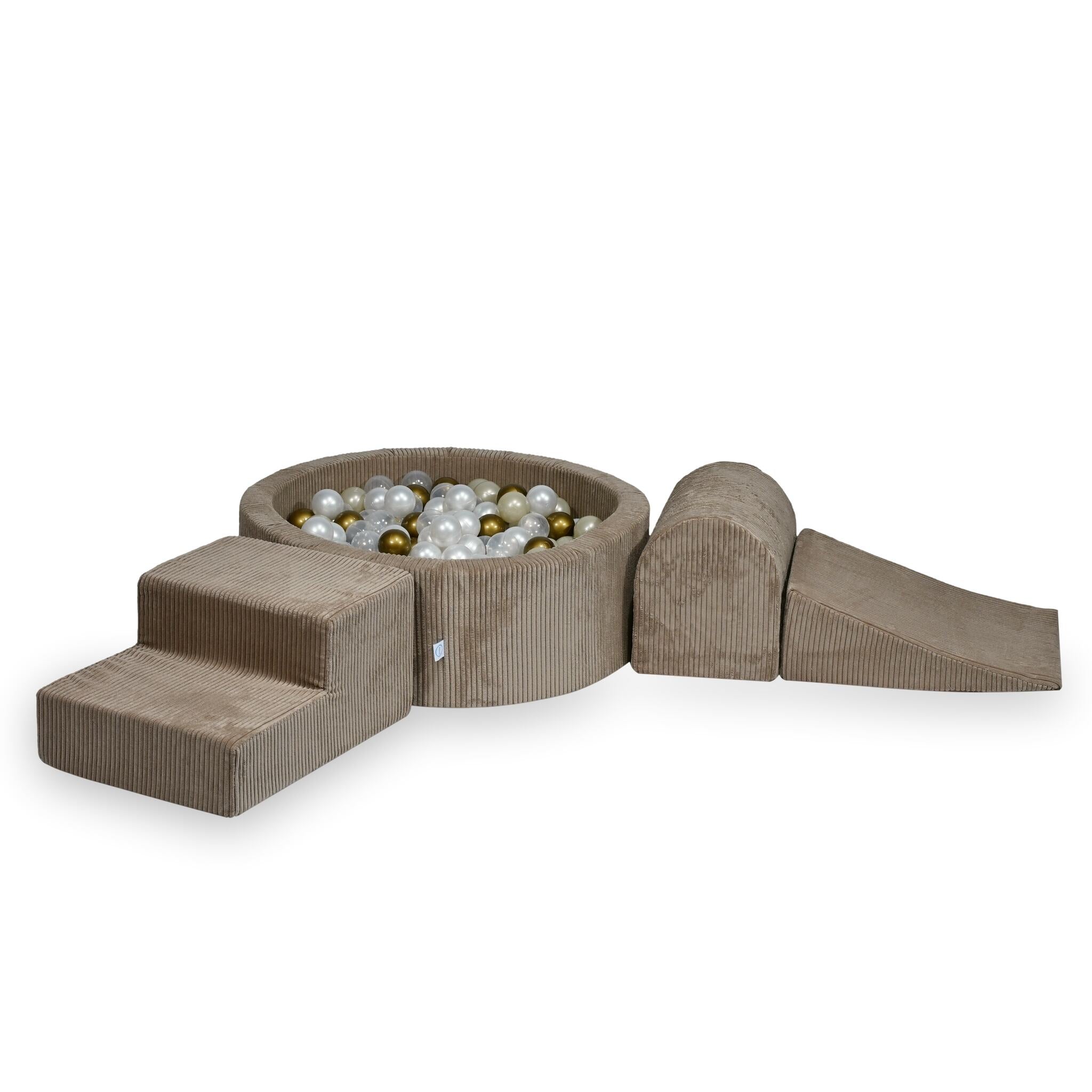 Mimii Schaumstoff-Spielset mit rundem Bällebad 90 × 30 cm aus Cord in Toffee – mit 200 Bällen