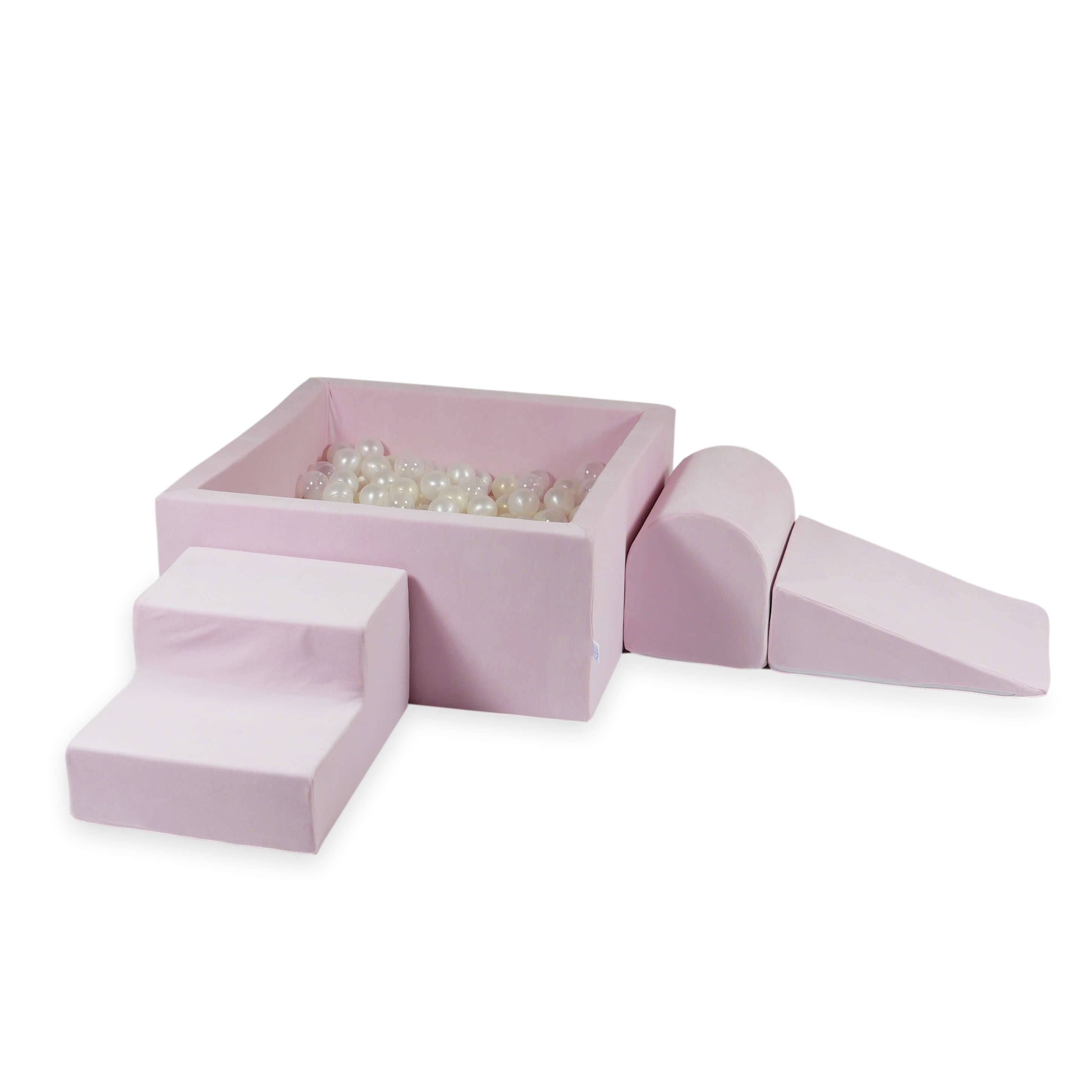 Mimii Schaumstoff-Spielset mit quadratischem Bällebad aus Velvet Soft in Hellrosa – 90 × 90 × 40 cm, mit 400 Bällen