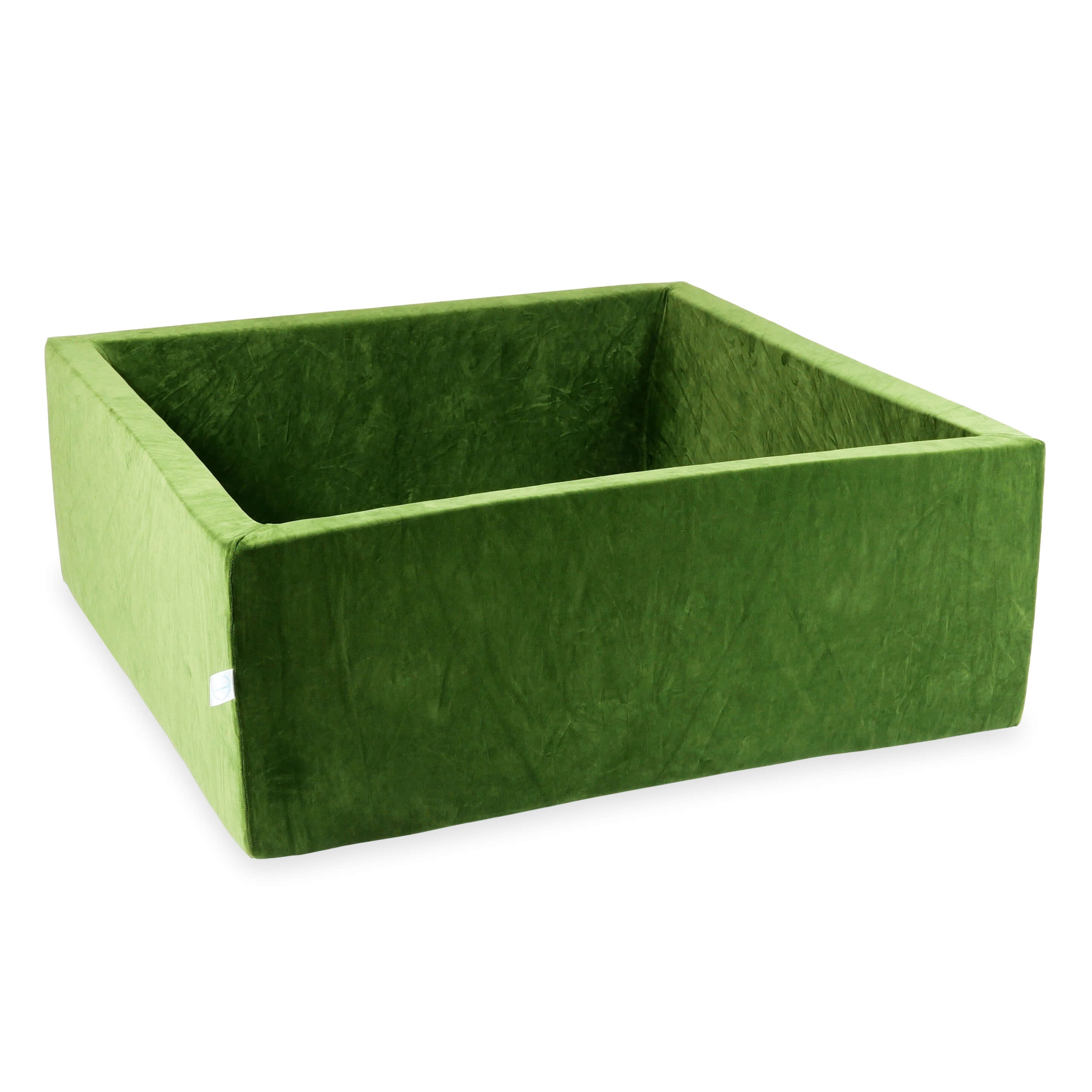 Mimii Bällebad aus Velvet Soft in Olivgrün – quadratisch, 110 × 110 × 40 cm, ohne Bälle
