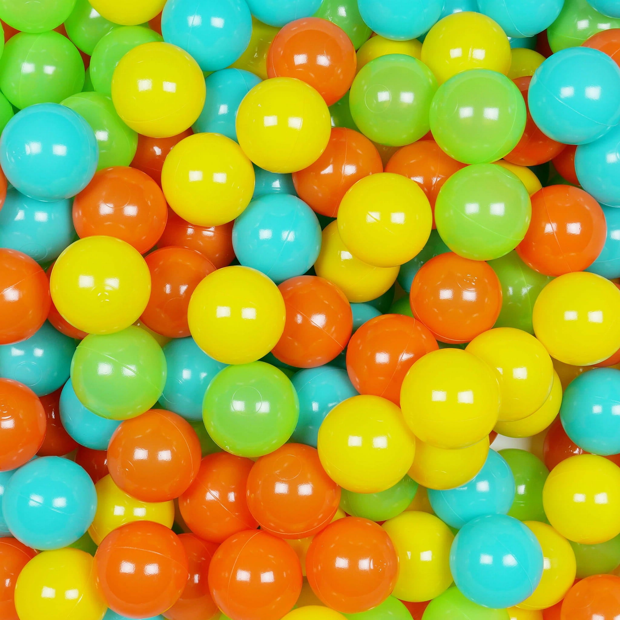 Piłeczki do suchego basenu Ø 7 cm – 100 szt. – żółte, pomarańczowe, seledynowe, turquoise