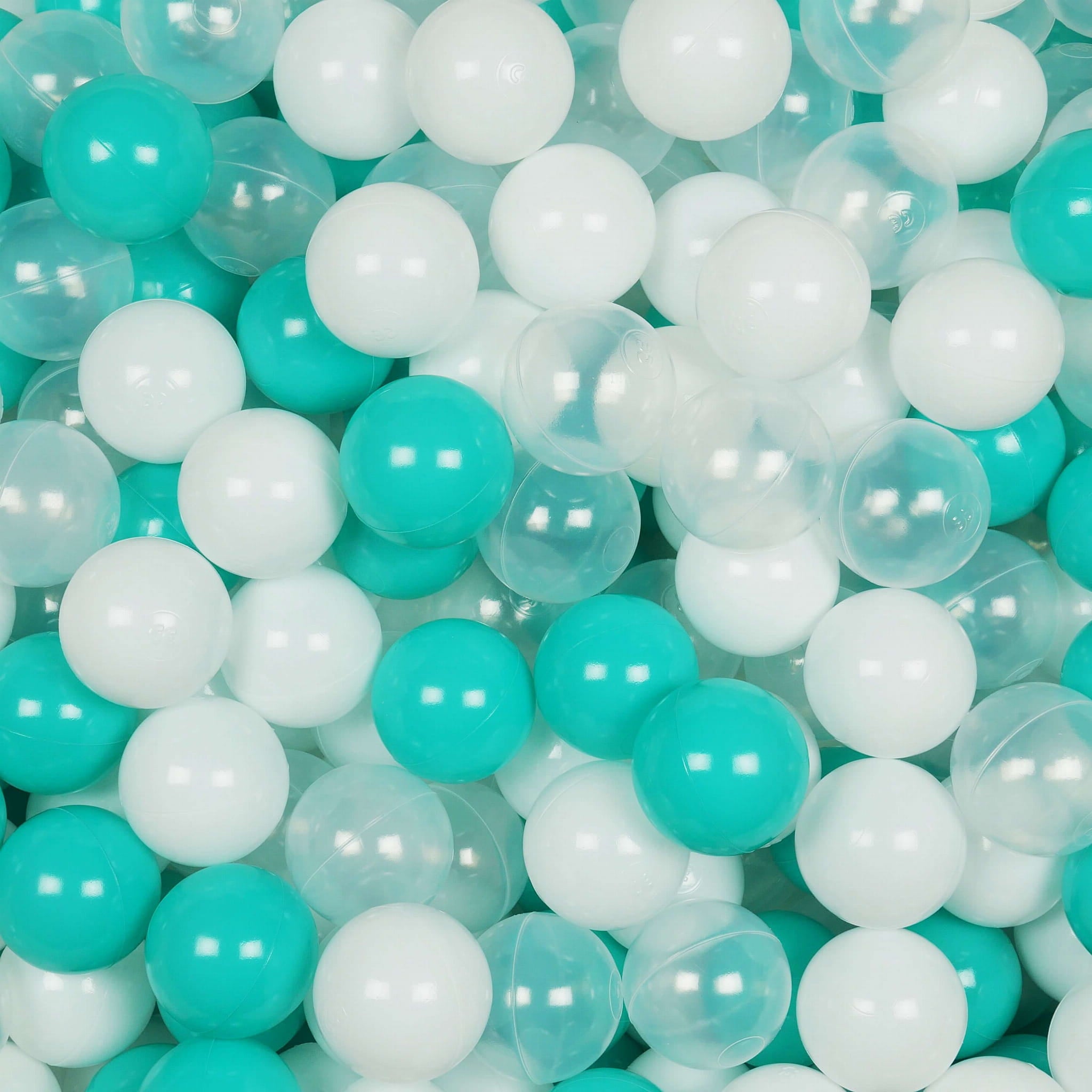 Piłeczki do suchego basenu Ø 7 cm – 400 szt. – białe, przezroczyste, turquoise